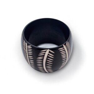 Black Resin Bangle with Engraved Fronds - Tropical Boho Statement Bracelet